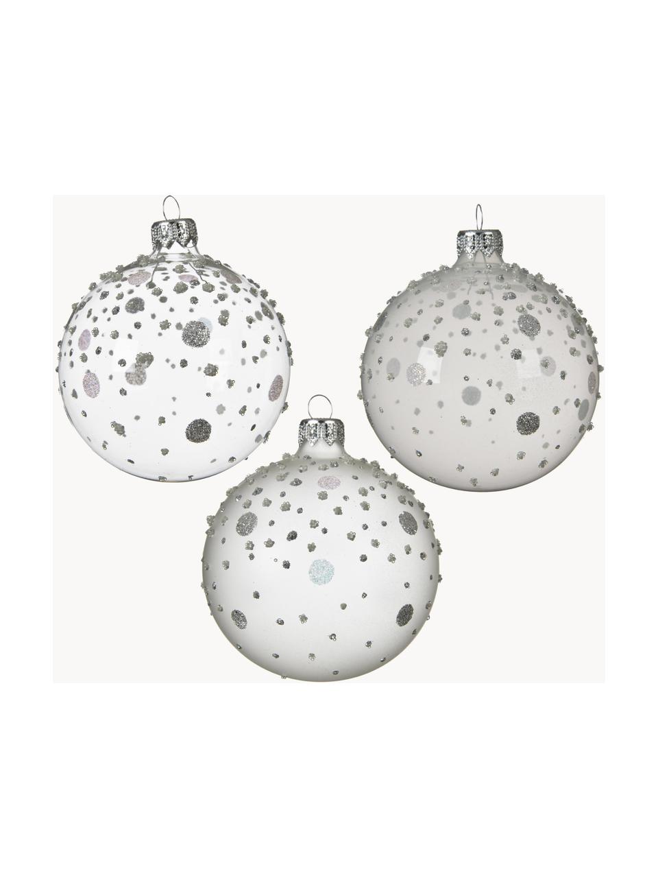 Bbolas de Navidad sopladas artesanalmente Dotty, 6 uds., Vidrio, Blanco, plateado, Ø 8 cm