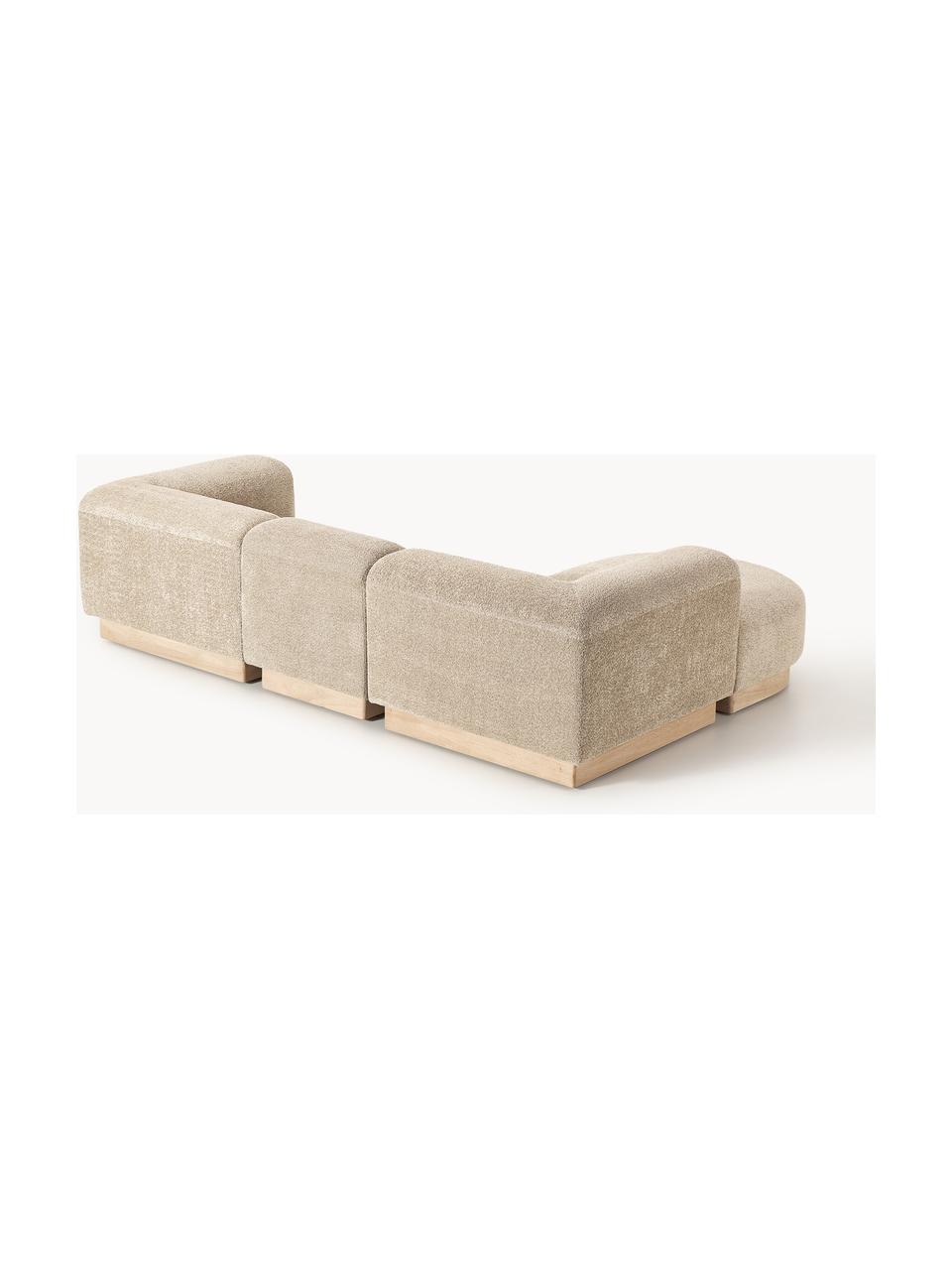 Modulares Sofa Natalie (3-Sitzer) aus Teddy-Bouclé mit Hocker, Bezug: Teddy-Bouclé (100 % Polye, Gestell: mitteldichte Holzfaserpla, Sockel: Massives Buchenholz, lack, Teddy-Bouclé Beige, helles Buchenholz, B 283 x T 197 cm