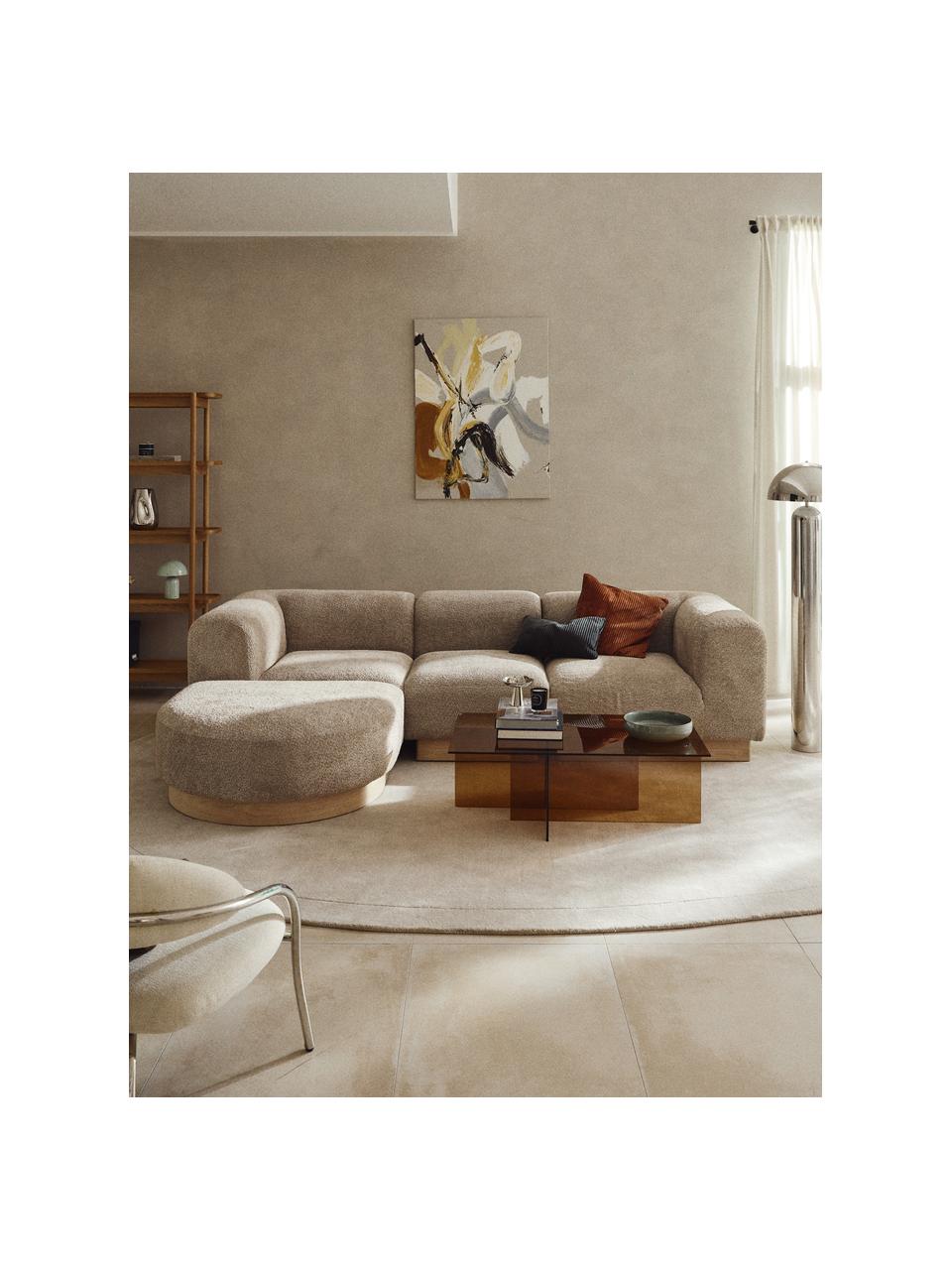 Modulares Sofa Natalie (3-Sitzer) aus Teddy-Bouclé mit Hocker, Bezug: Teddy-Bouclé (100 % Polye, Gestell: mitteldichte Holzfaserpla, Sockel: Massives Buchenholz, lack, Teddy-Bouclé Beige, helles Buchenholz, B 283 x T 197 cm