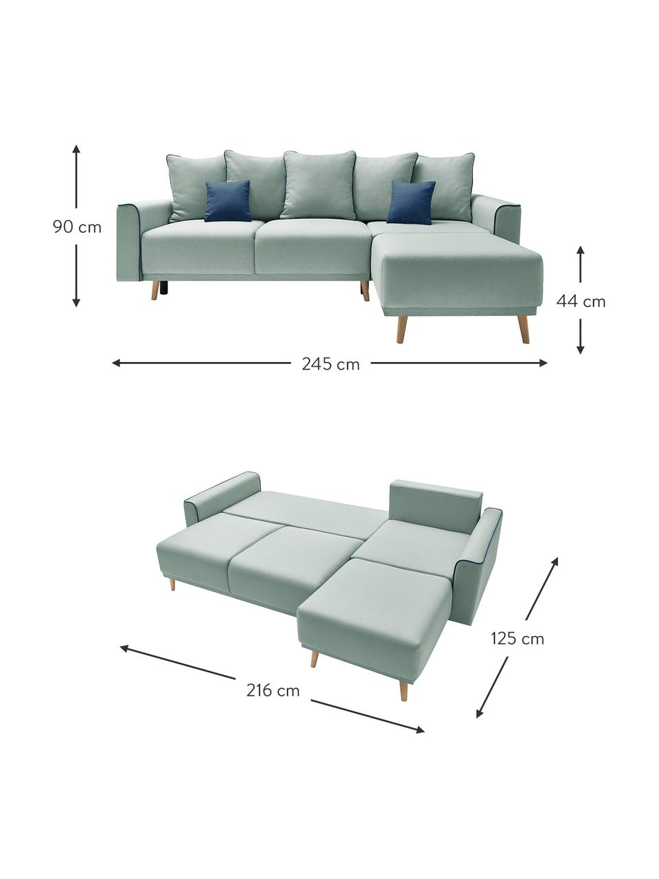 Sofa narożna z funkcją spania i miejscem do przechowywania Mola, Tapicerka: 100% poliester, Stelaż: drewno naturalne, płyta w, Nogi: drewno naturalne, Miętowozielony, ciemny niebieski, S 245 x G 164 cm