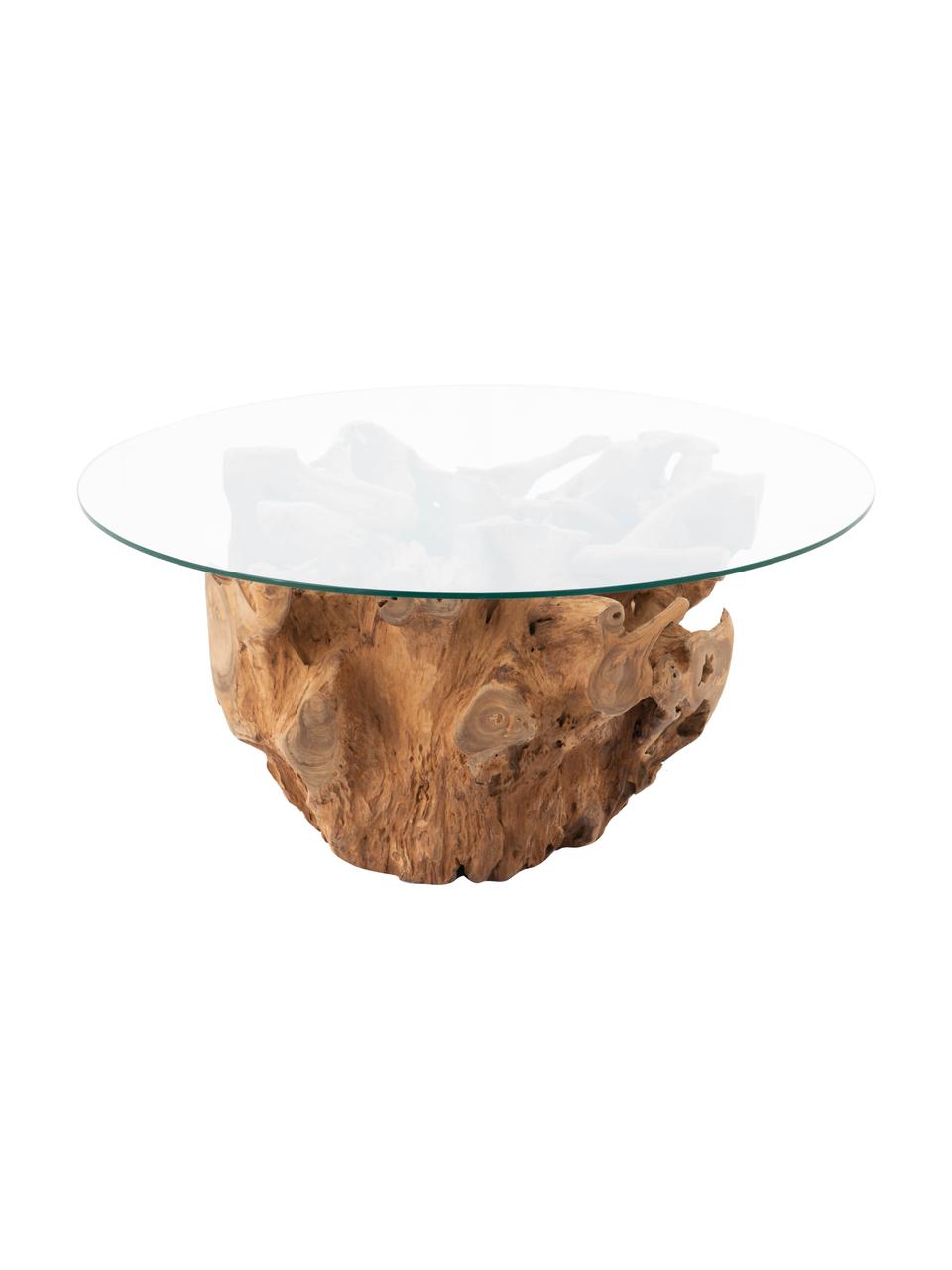 Stolik kawowy z drewna i szkła Root, Blat: szkło, Stelaż: drewno naturalne, Brązowy, transparentny, Ø 100 x W 45 cm