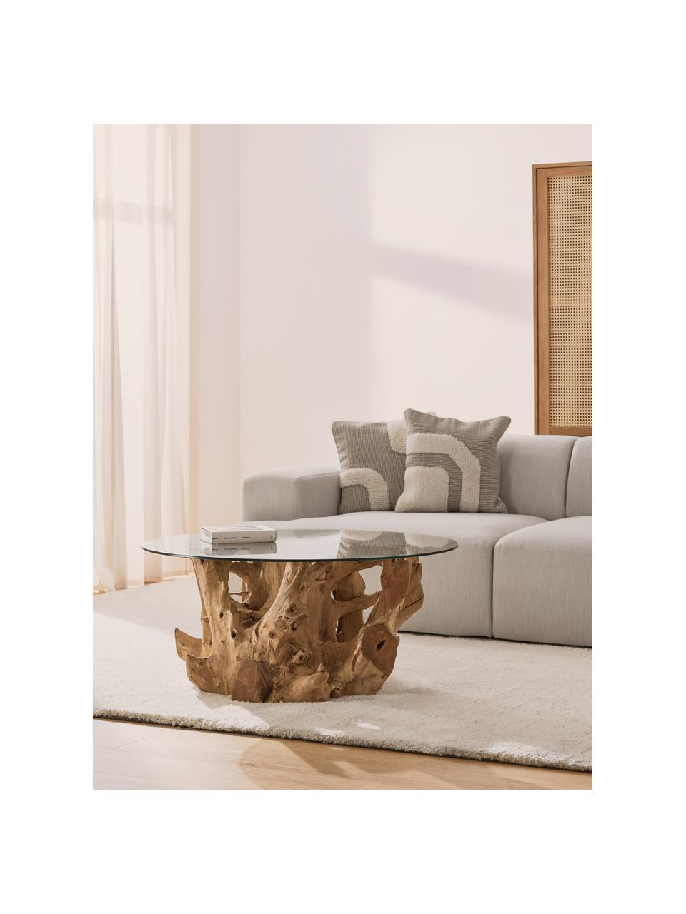 Tavolino da salotto in legno e vetro Root, Struttura: legno, Marrone trasparente, Ø 100 x Alt. 45 cm