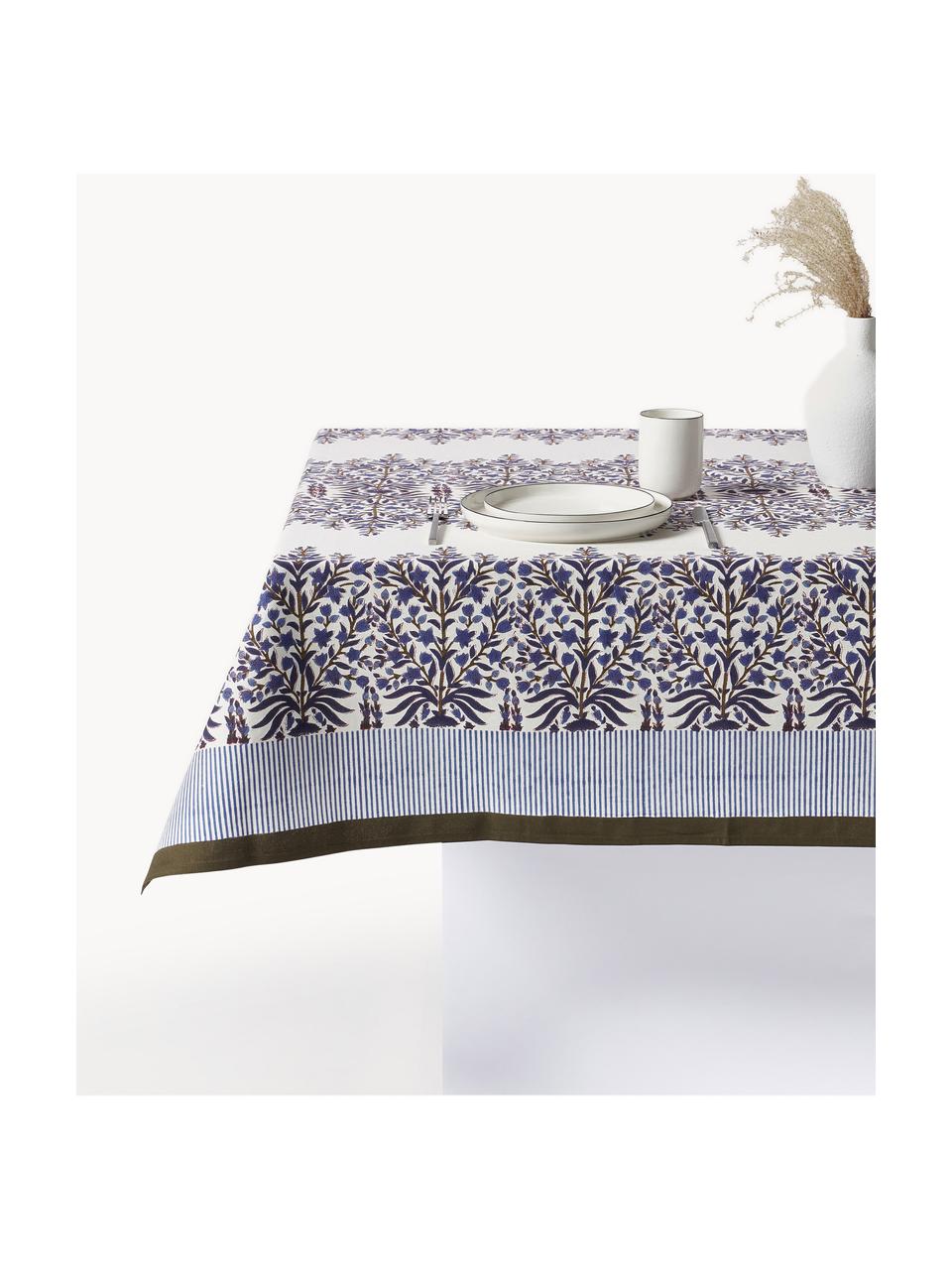 Mantel con estampado floral Jasmine, 100% algodón, Azul oscuro, Off White, marrón, De 6 a 8 comensales (An 150 x L 250 cm)