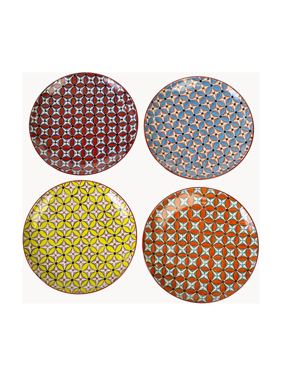 Set 4 piatti piani dipinti a mano Hippy, Ceramica smaltata, Giallo, terracotta, arancione, azzurro, Ø 27 cm