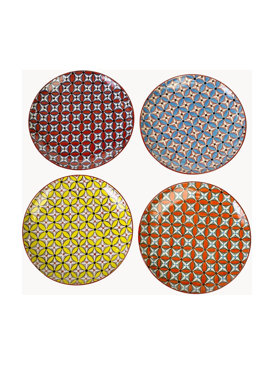 Handbeschilderde dinerborden Hippy, set van 4, Keramiek, geglazuurd, Geel, terracotta, oranje, lichtblauw, Ø 27 cm