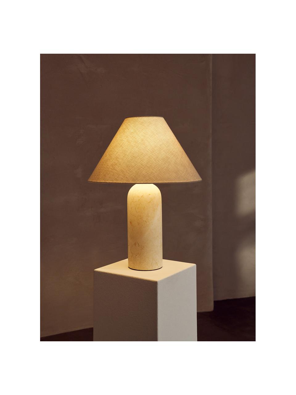 Lampada da tavolo grande con base in marmo effetto travertino Gia, Paralume: 80% cotone, 20% lino, Base della lampada: marmo, Beige, effetto travertino, Ø 46 x Alt. 60 cm