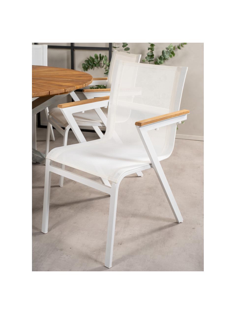 Sillas con reposabrazos de exterior Mexico, 2 uds., Estructura: aluminio pintado, Asiento: textil, Reposabrazos: madera de teca, Blanco, teca, An 57 x F 63 cm