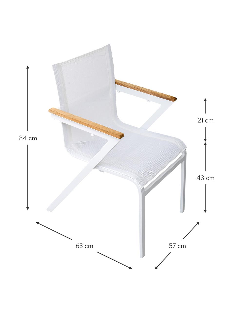 Krzesło ogrodowe z podłokietnikami Mexico, 2 szt., Stelaż: aluminium lakierowane, Biały, drewno tekowe, S 57 x G 63 cm