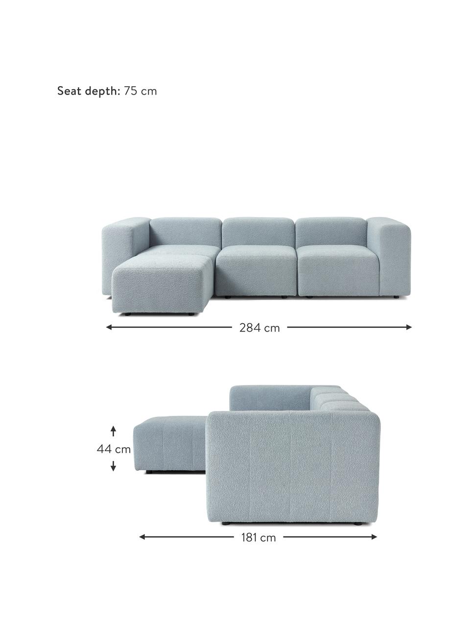 Modulaire bouclé bank Lena (4-zits) met kruk, Bekleding: bouclé (93% polyester, 6%, Frame: grenenhout, multiplex, ha, Poten: kunststof, Bouclé lichtblauw, B 284 x D 181 cm