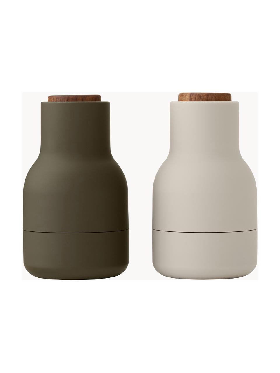 Moulins à sel et à poivre design avec couvercle en noyer Bottle Grinder, 2 élém., Vert olive, beige clair, bois de noyer, Ø 7 x haut. 12 cm