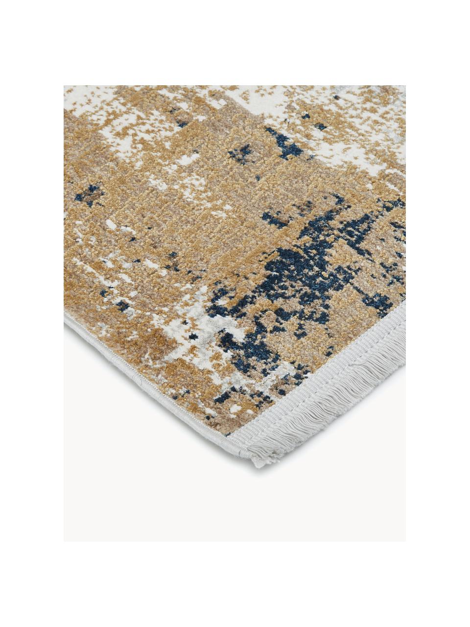 Tapis soyeux à poils ras et franges Verona, Beige, brun, bleu foncé, larg. 80 x long. 150 cm (taille XS)