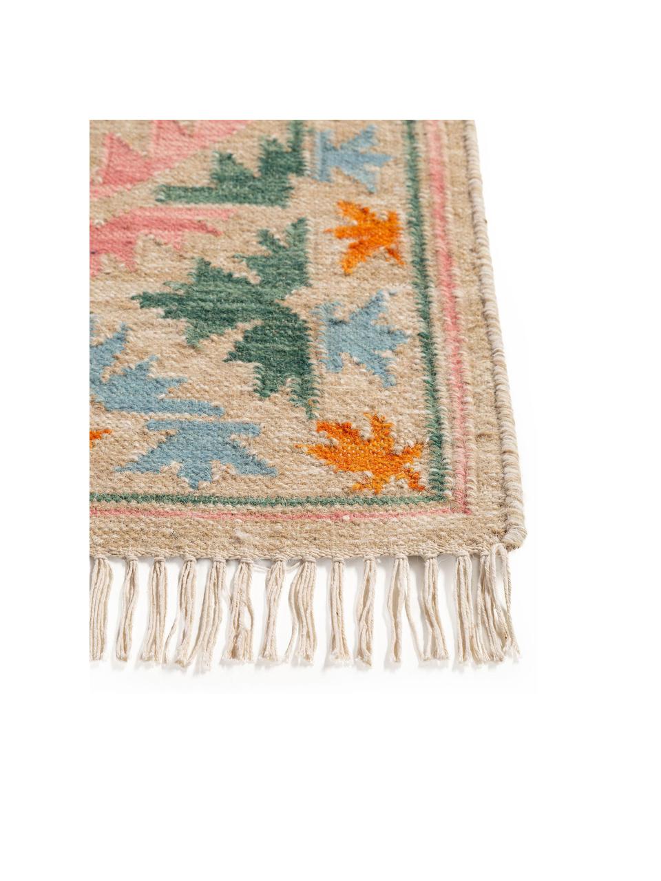 Tappeto kilim tessuto a mano con finitura a frange Zohra, 90% lana, 10% cotone

Nel caso dei tappeti di lana, le fibre possono staccarsi nelle prime settimane di utilizzo, questo si riduce con l'uso quotidiano e la formazione di lanugine diminuisce, Multicolore, Larg. 120 x Lung. 170 cm (taglia S)