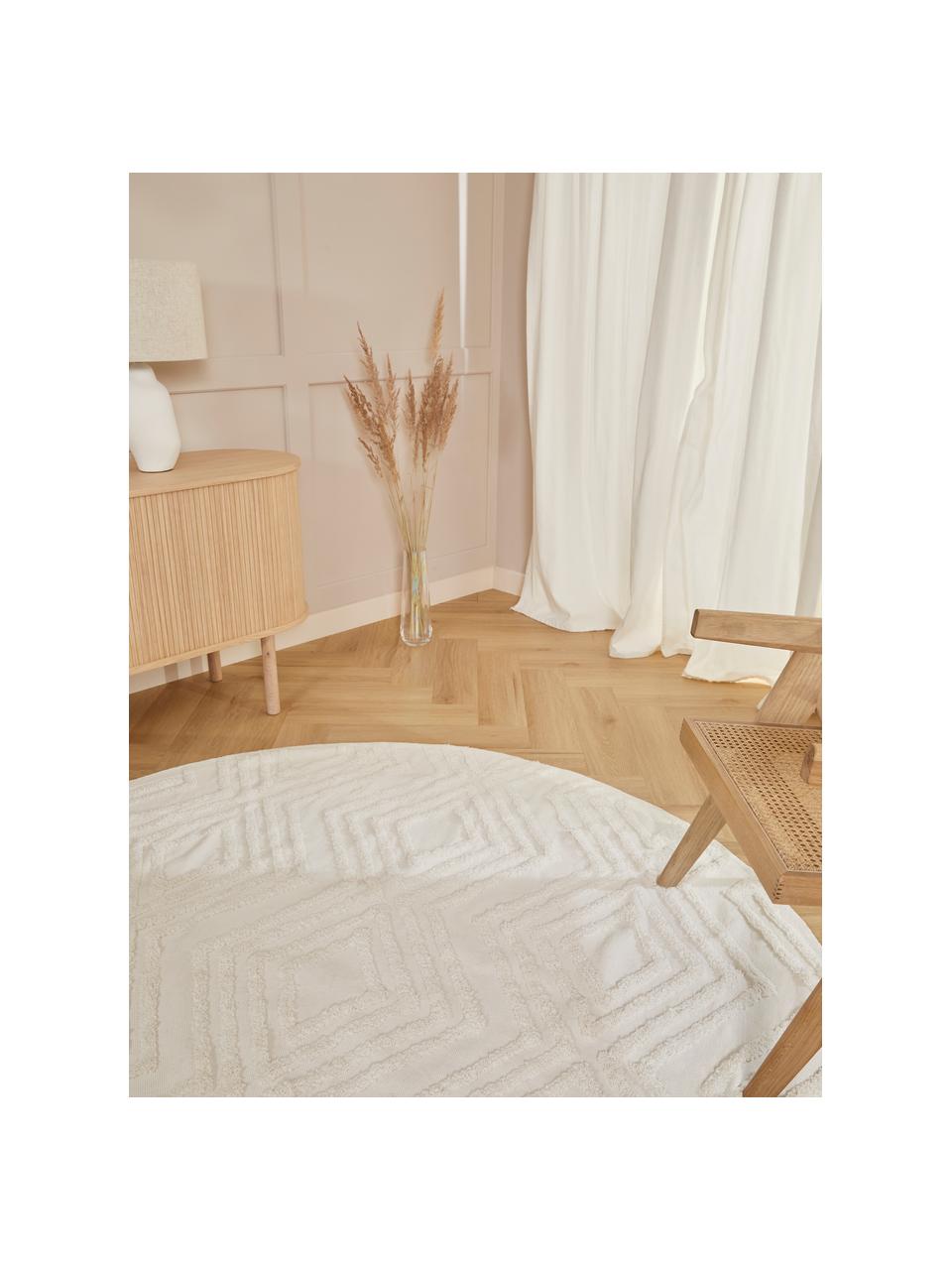 Rond katoenen vloerkleed Ziggy met verhoogd hoog-laag patroon, 100% katoen, Crèmewit, Ø 120 cm (maat S)
