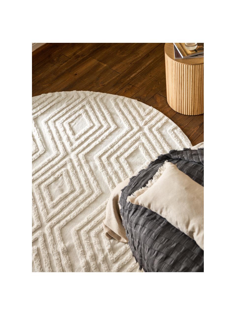 Okrúhly bavlnený koberec s reliéfnou štruktúrou Ziggy, 100 %  bavlna, Krémovobiela, Ø 120 cm (veľkosť S)