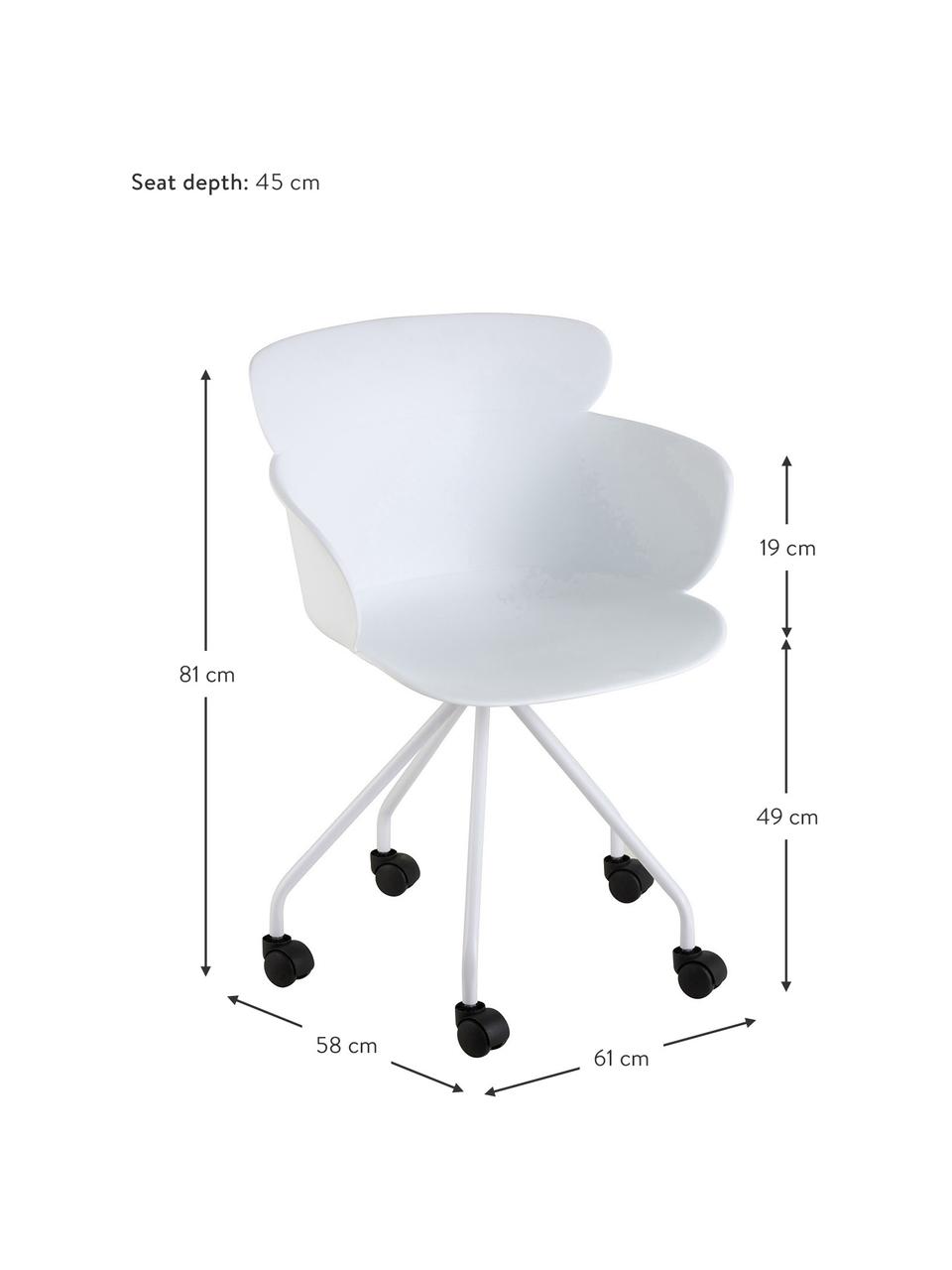 Sedia da ufficio in plastica con ruote Eva, Materiale sintetico (PP), Bianco, Larg. 61 x Alt. 58 cm