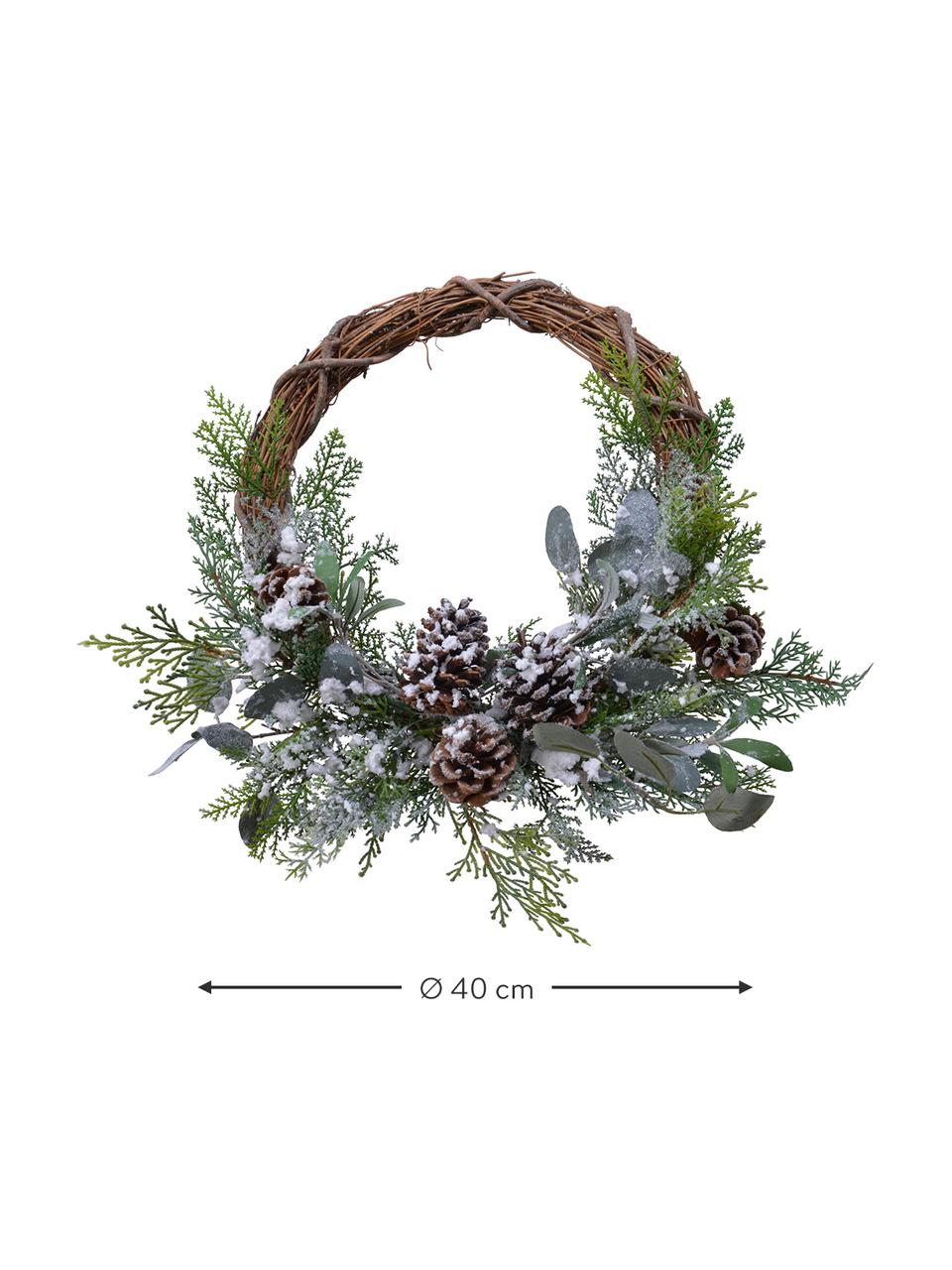 Corona navideña Lavinia, Plástico, piñas, eucalipto, Verde oscuro, marrón, blanco, Ø 40 x Al 15 cm