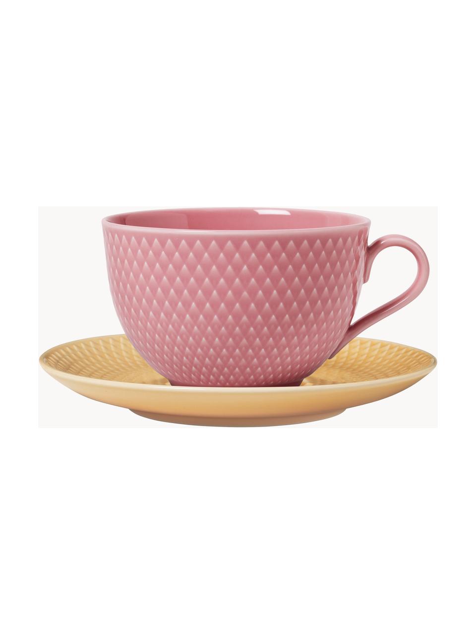 Porzellan-Tasse Rhombe mit Untertasse, Porzellan, Altrosa, Sonnengelb, Ø 12 x H 8 cm, 390 ml