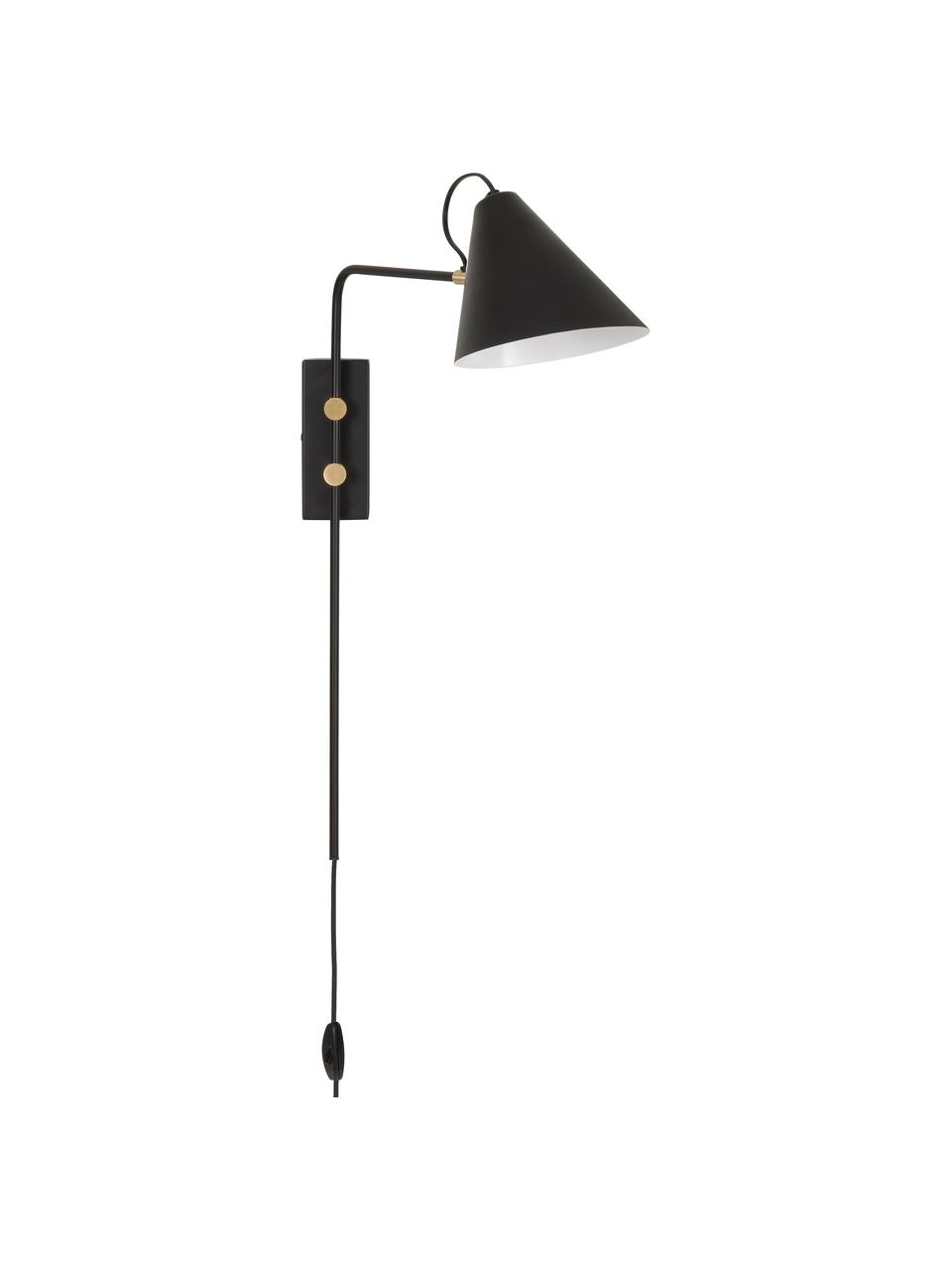 Grote verstelbare wandlamp Club met stekker, Lampenkap: gepoedercoat ijzer, Decoratie: vermessingd metaal, Lamp: zwart. Details: messingkleurig, D 46 x H 62 cm