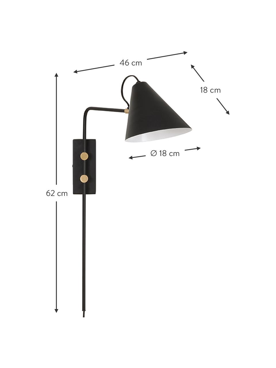 Grosse Verstellbare Wandleuchte Club mit Stecker, Lampenschirm: Eisen, pulverbeschichtet, Dekor: Metall, vermessigt, Leuchte: Schwarz Details: Messing, T 46 x H 62 cm