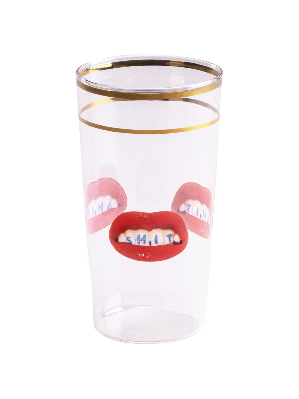 Designer Wasserglas Toiletpaper, Dekor: Gold, Rote Lippen mit Aufschrift, Ø 7 x H 13 cm, 375 ml