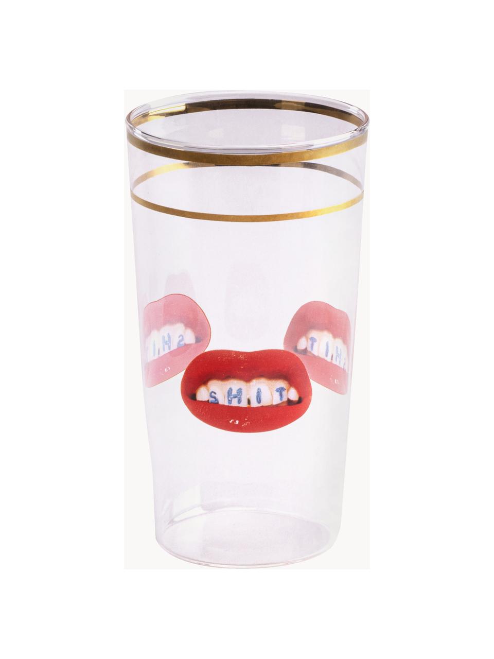 Designer Wasserglas Lips, Dekor: Gold, Rote Lippen mit Aufschrift, Ø 7 x H 13 cm, 375 ml