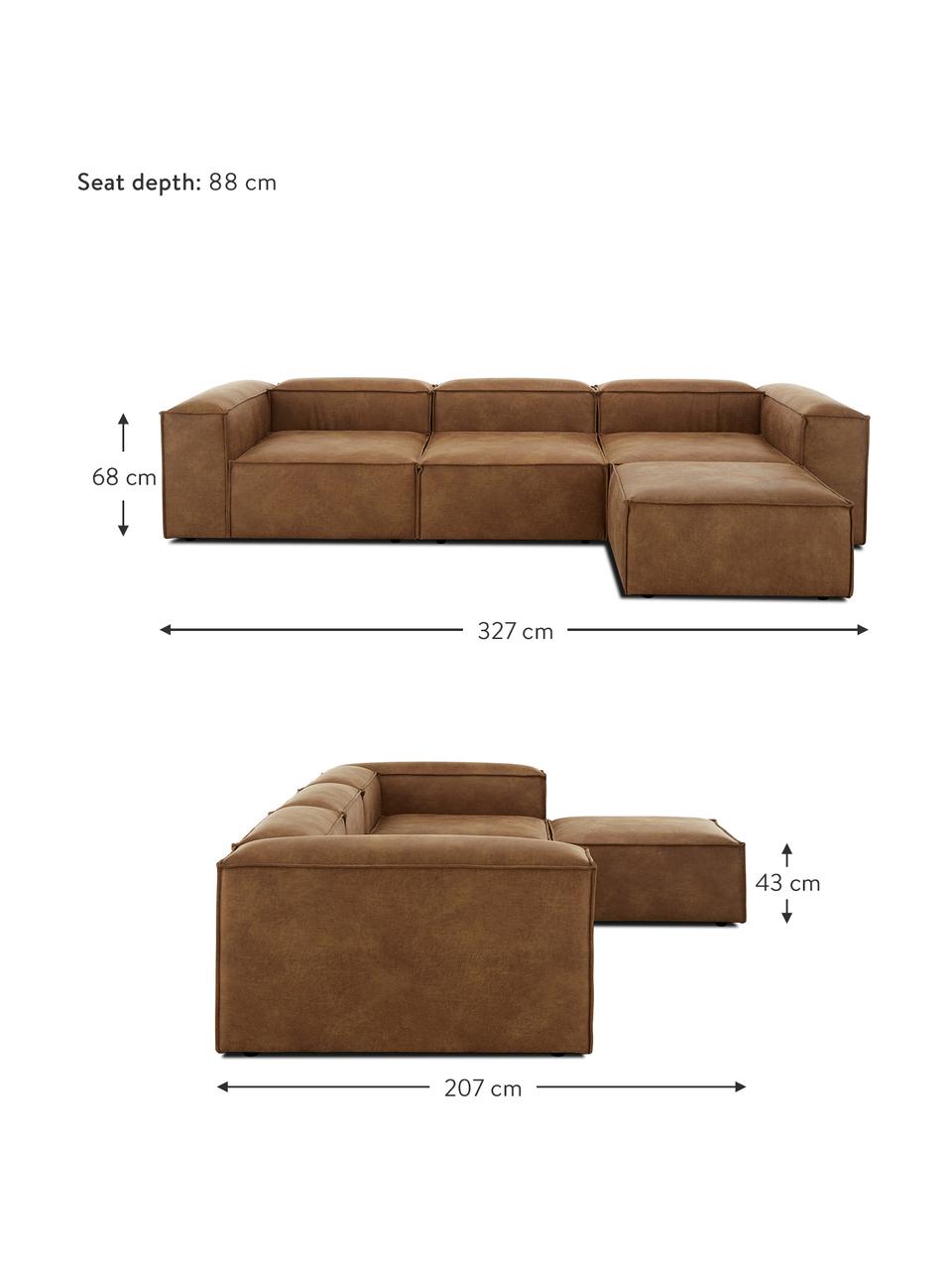 Sofa modułowa ze skóry z recyklingu z pufem Lennon (4-osobowa), Tapicerka: skóra z recyklingu (70% s, Stelaż: lite drewno, sklejka, Nogi: tworzywo sztuczne, Brązowa skóra, S 327 x G 207 cm