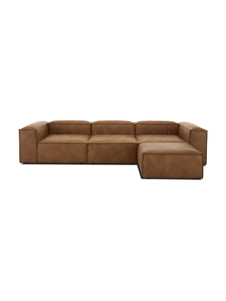 Sofa modułowa ze skóry z recyklingu z pufem Lennon (4-osobowa), Tapicerka: skóra z recyklingu (70% s, Stelaż: lite drewno sosnowe z cer, Nogi: tworzywo sztuczne, Brązowa skóra, S 327 x G 207 cm