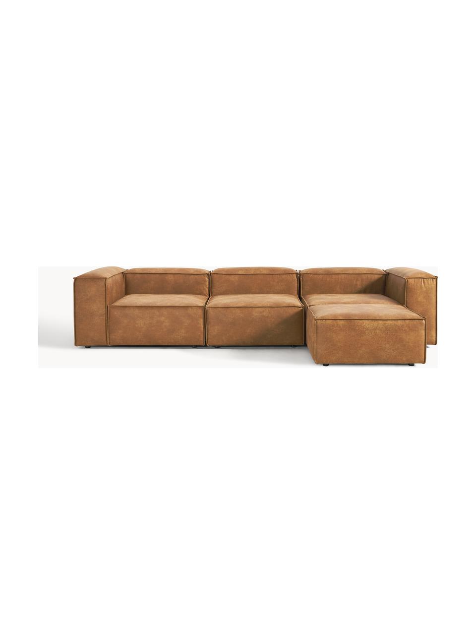 Modulares Sofa Lennon (4-Sitzer) aus recyceltem Leder mit Hocker, Bezug: Recyceltes Leder (70 % Le, Gestell: Massives Holz, Sperrholz, Füße: Kunststoff, Leder Braun, B 327 x T 207 cm