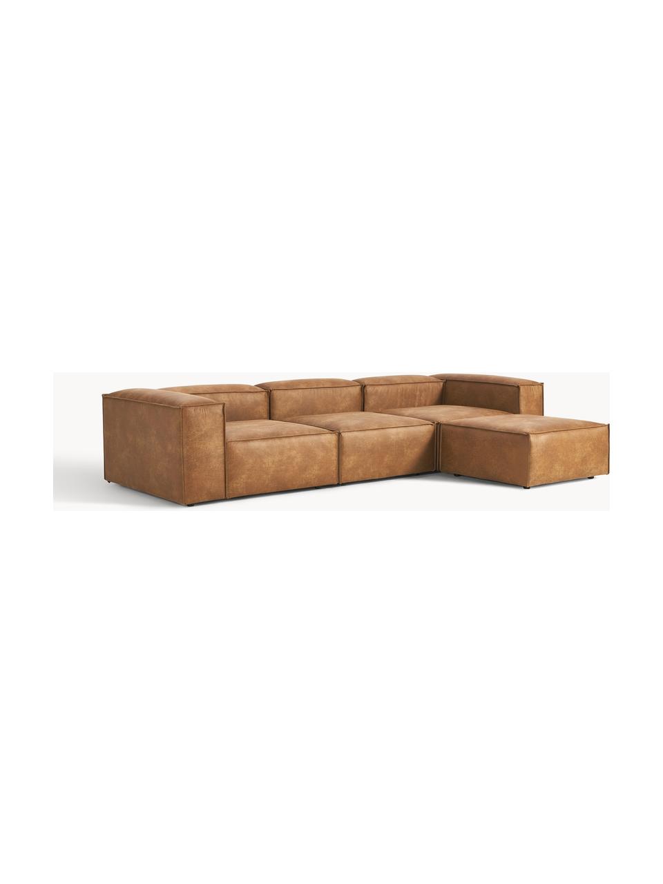 Modulares Sofa Lennon (4-Sitzer) aus recyceltem Leder mit Hocker (links/rechts), Bezug: Recyceltes Leder (70 % Le, Gestell: Massives Holz, Sperrholz, Füße: Kunststoff Dieses Produkt, Leder Braun, B 329 x T 207 cm