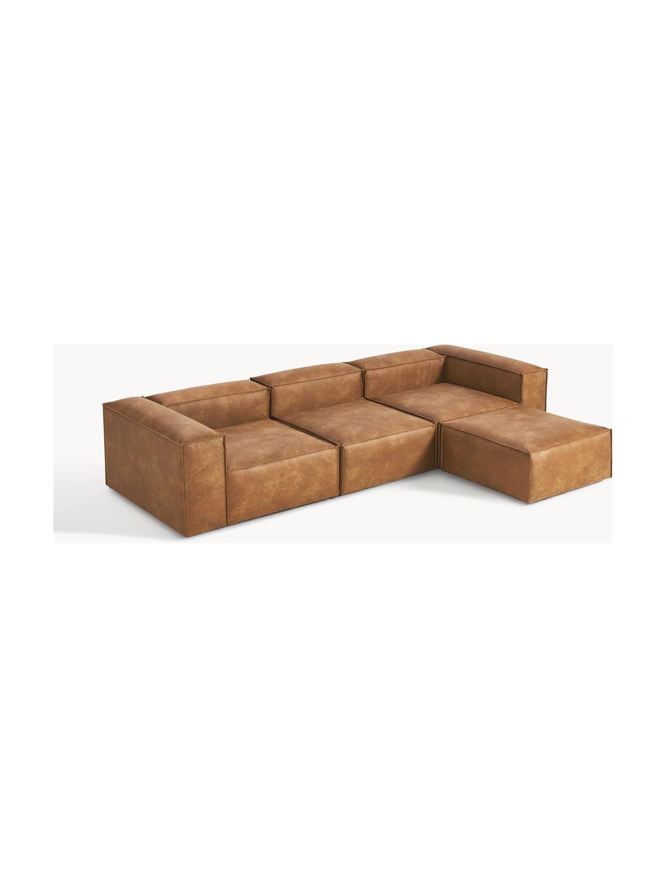 Modulares Sofa Lennon (4-Sitzer) aus recyceltem Leder mit Hocker (links/rechts), Bezug: Recyceltes Leder (70 % Le, Gestell: Massives Holz, Sperrholz, Füße: Kunststoff Dieses Produkt, Leder Braun, B 329 x T 207 cm