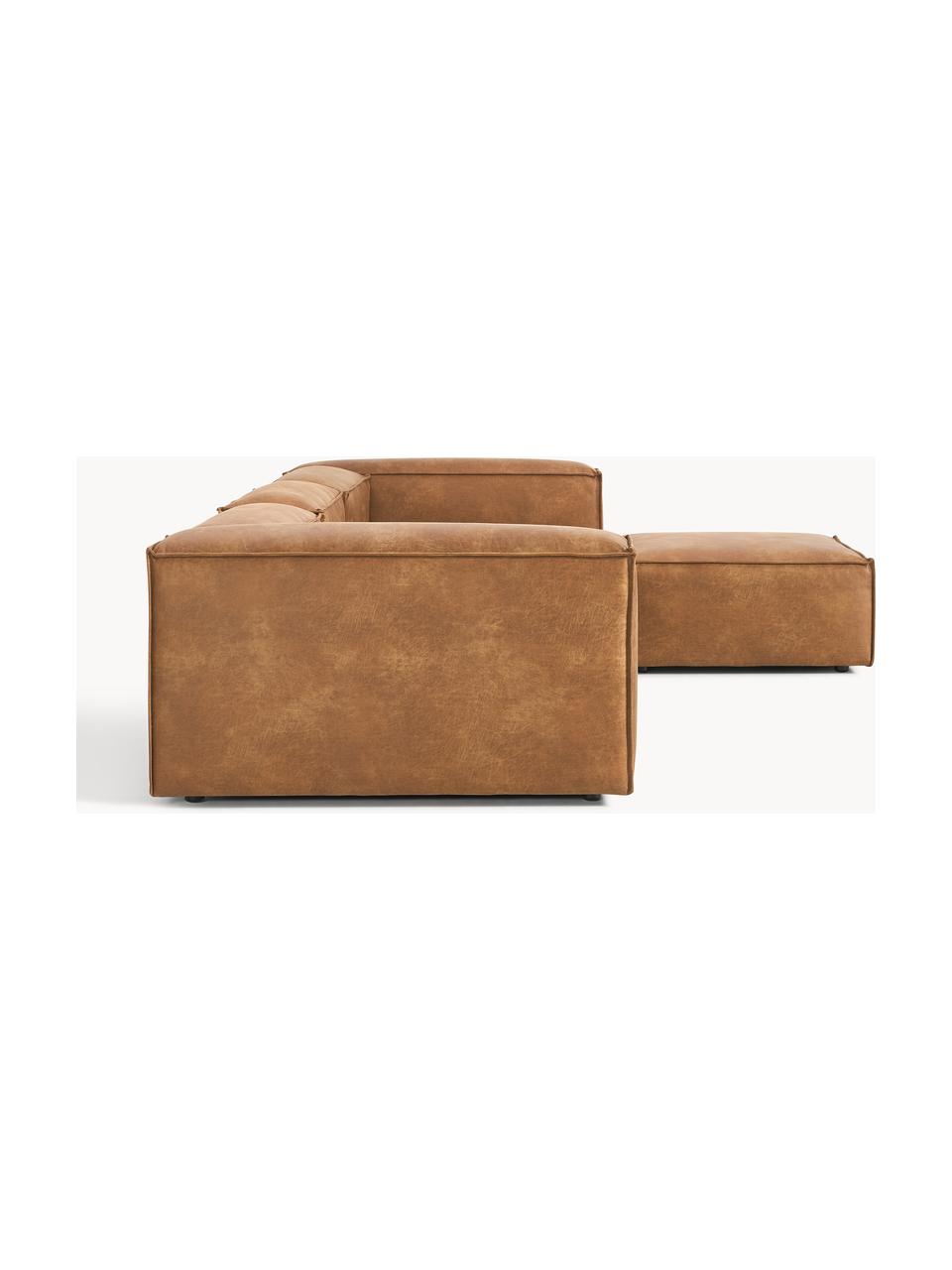 Modulares Sofa Lennon (4-Sitzer) aus recyceltem Leder mit Hocker, Bezug: Recyceltes Leder (70 % Le, Gestell: Massives Holz, Sperrholz, Füße: Kunststoff Dieses Produkt, Leder Braun, B 329 x T 207 cm