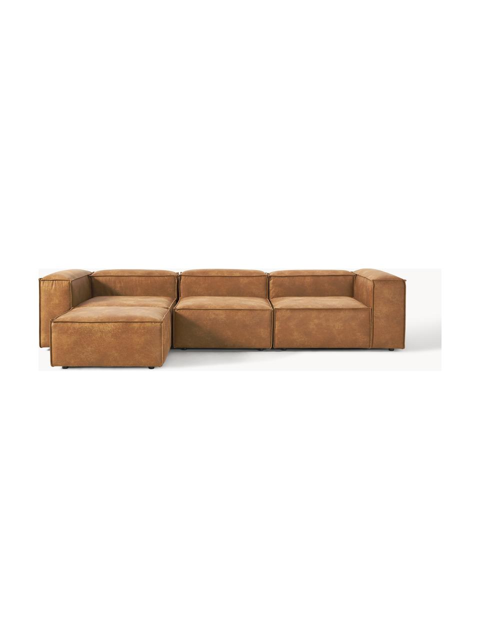 Modulares Sofa Lennon (4-Sitzer) aus recyceltem Leder mit Hocker (links/rechts), Bezug: Recyceltes Leder (70 % Le, Gestell: Massives Holz, Sperrholz, Füße: Kunststoff Dieses Produkt, Leder Braun, B 329 x T 207 cm