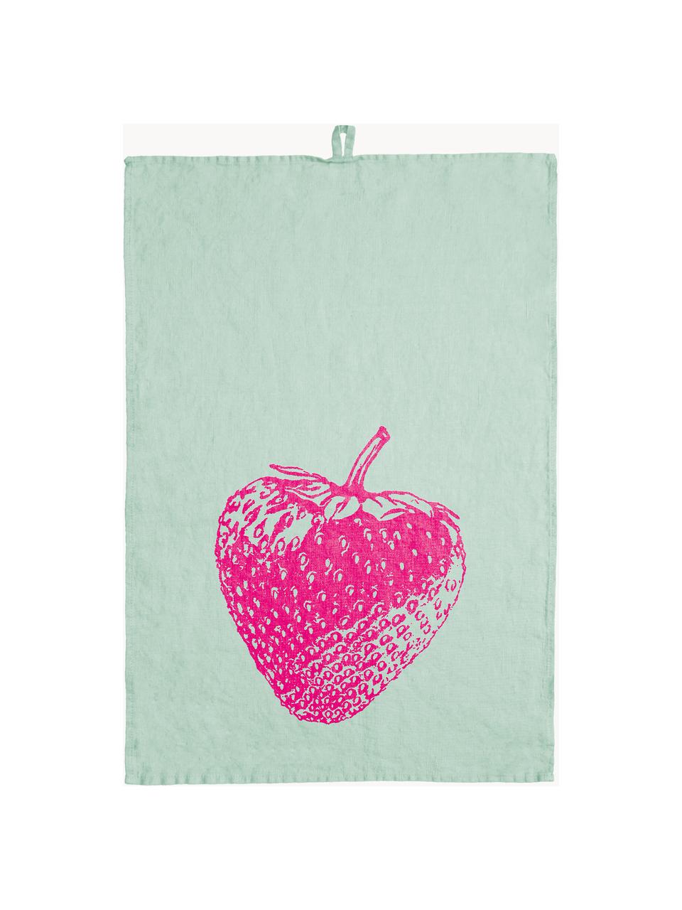 Ľanová utierka Strawberry, 100 % ľan, Mätovozelená, ružová, Š 50 x D 70 cm