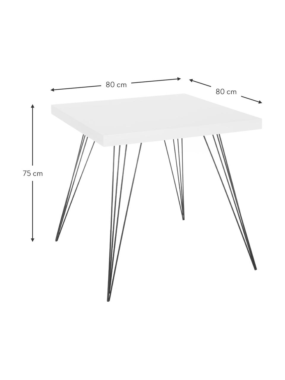 Kleine vierkante eettafel Wolcott met metalen poten, Tafelblad: MDF, Poten: gelakt ijzer, Wit, zwart, B 80 x D 80 cm