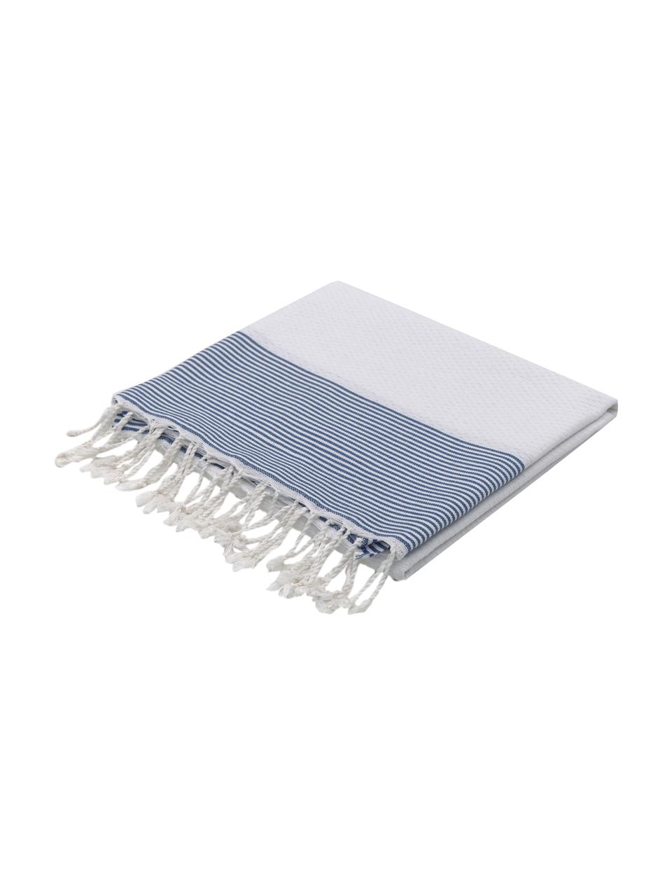 Ręcznik plażowy z frędzlami Ibiza, 100% bawełna, Biały, niebieski, S 100 x D 200 cm