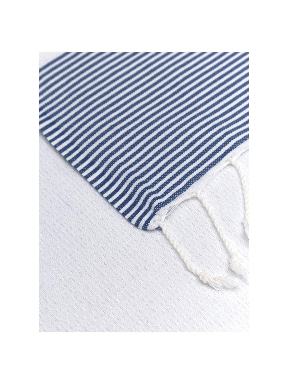 Fouta rayé à franges Ibiza, 100 % coton, Blanc, bleu, larg. 100 x long. 200 cm
