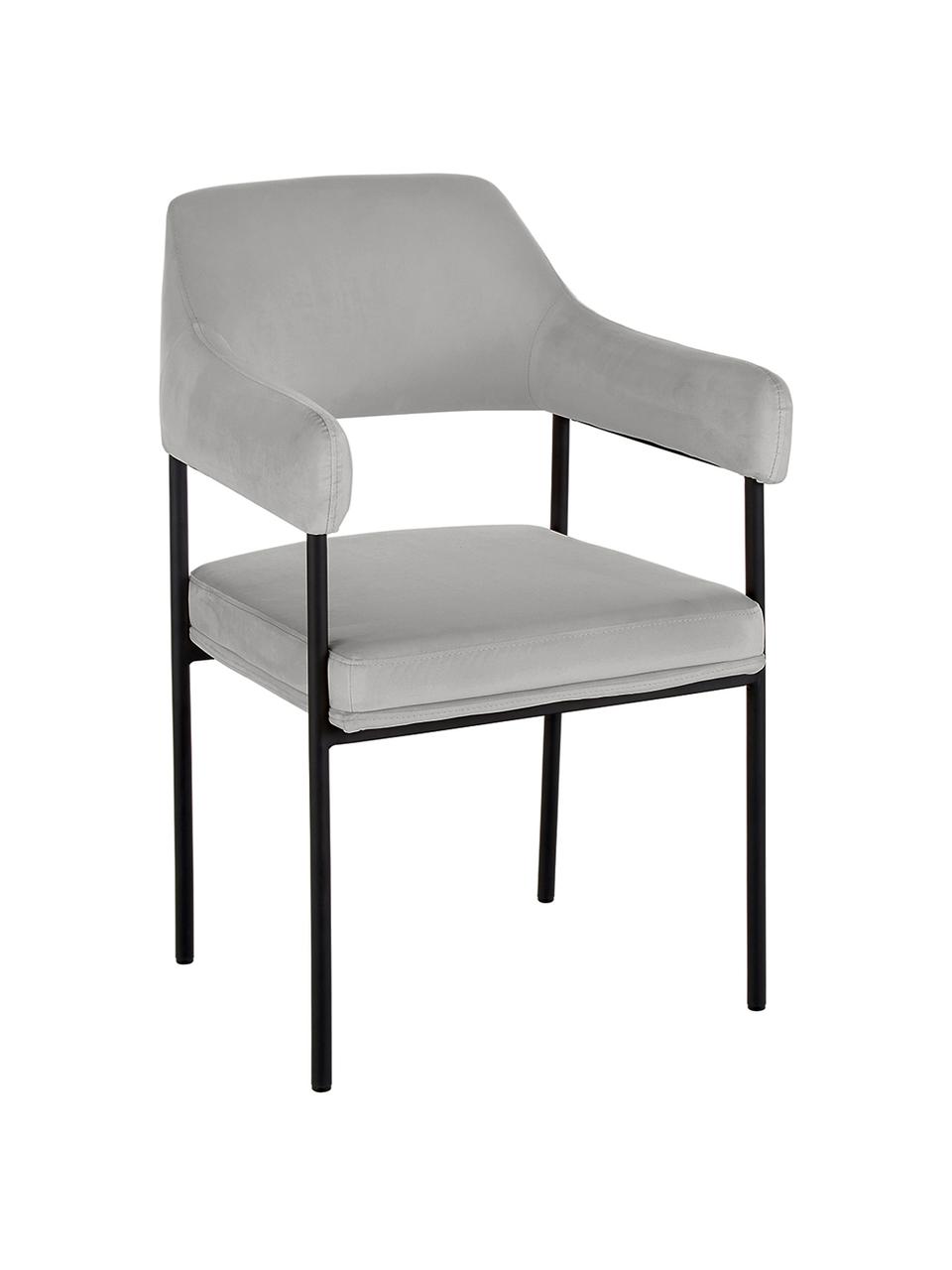 Krzesło z podłokietnikami z aksamitu Zoe, Tapicerka: aksamit (poliester) Dzięk, Stelaż: metal malowany proszkowo, Szary aksamit, S 56 x G 62 cm