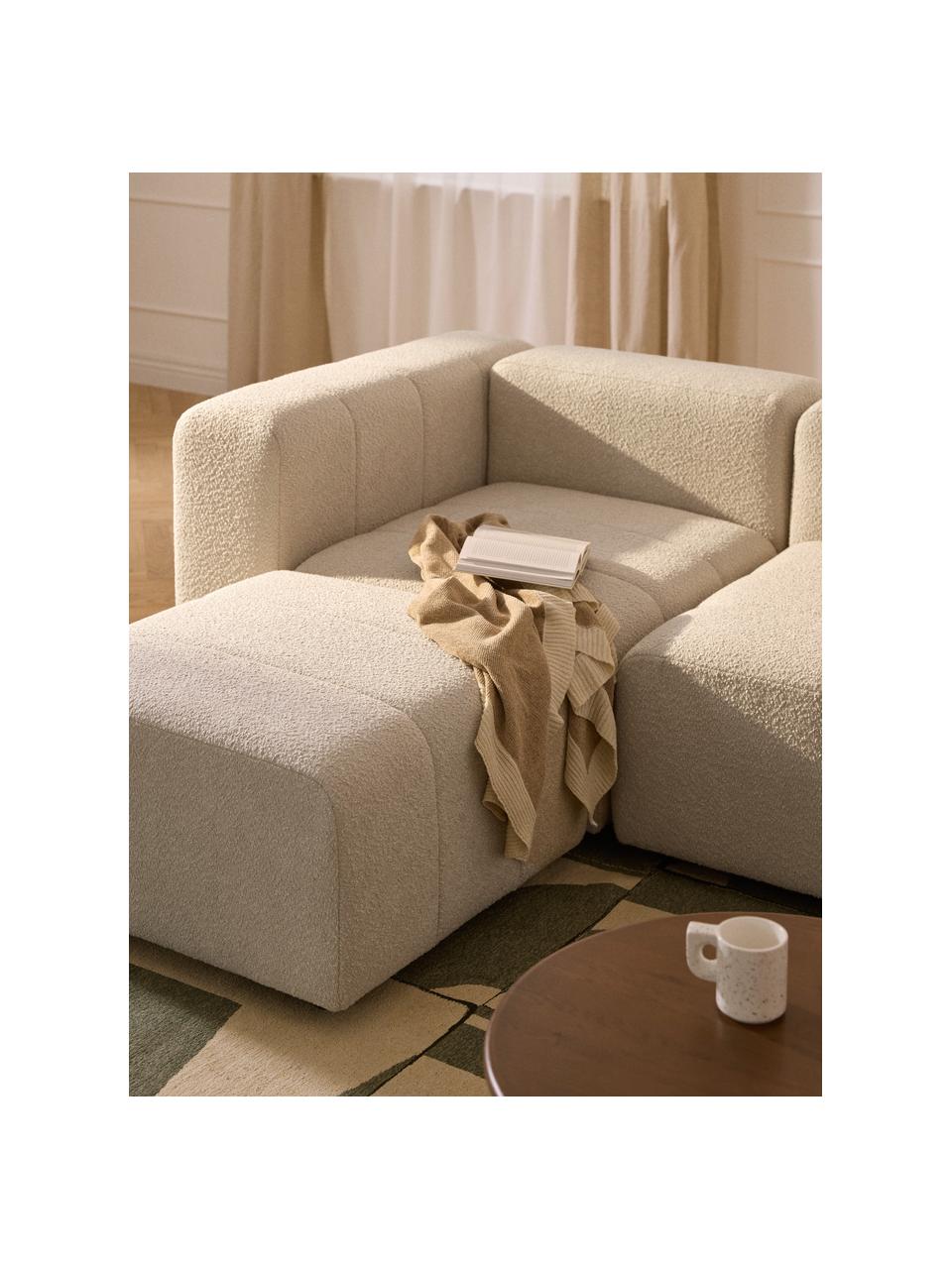 Modulo angolare in bouclé Lena, Rivestimento: bouclé (93% poliestere, 6, Struttura: legno di faggio, truciola, Piedini: plastica, Bouclé beige chiaro, Larg. 106 x Prof. 106 cm, angolo a sinistra