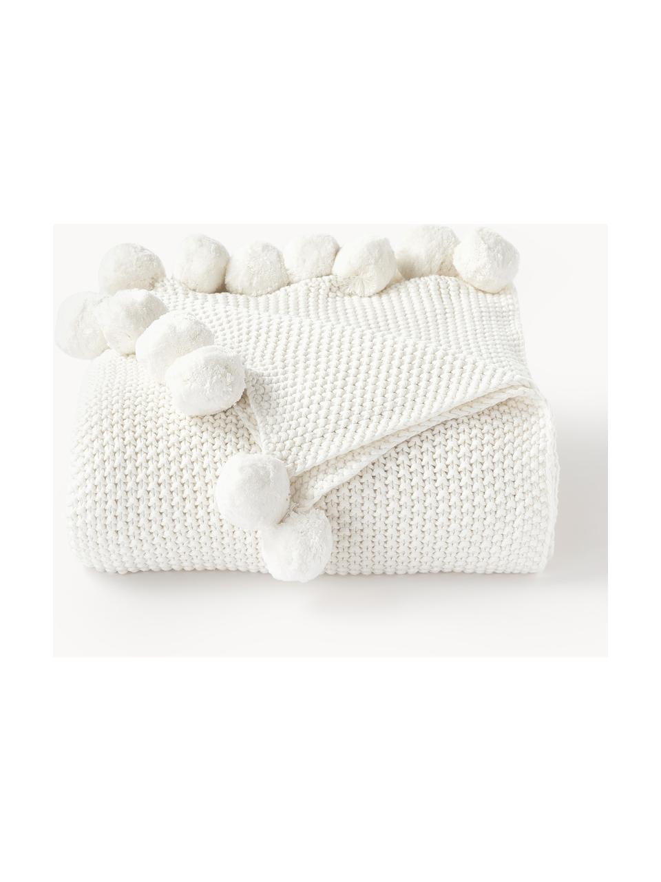 Coperta a maglia con pompon Molly, 100 % cotone, Bianco latte, Larg. 130 x Lung. 170 cm