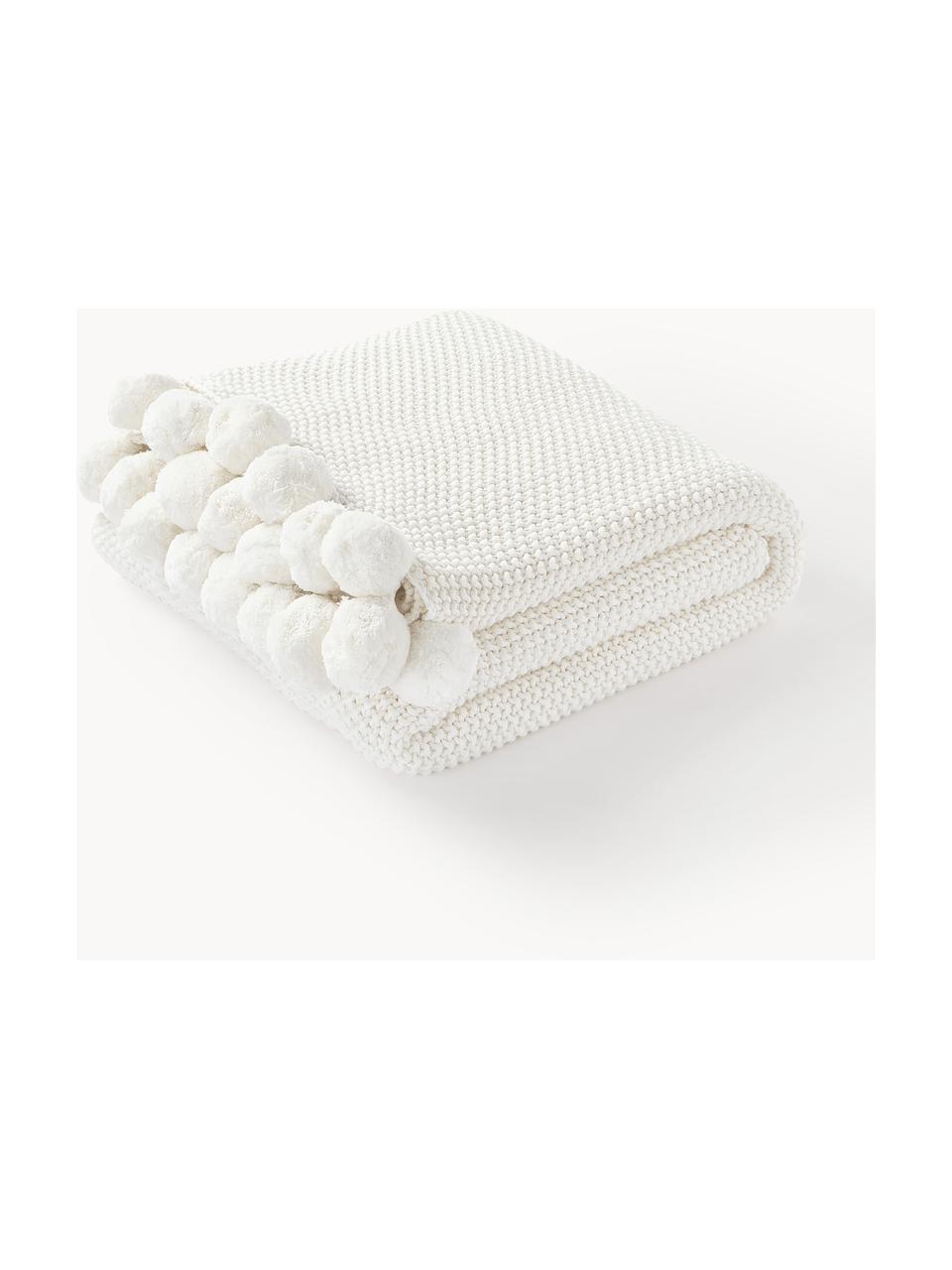 Coperta a maglia con pompon Molly, 100 % cotone, Bianco latte, Larg. 130 x Lung. 170 cm