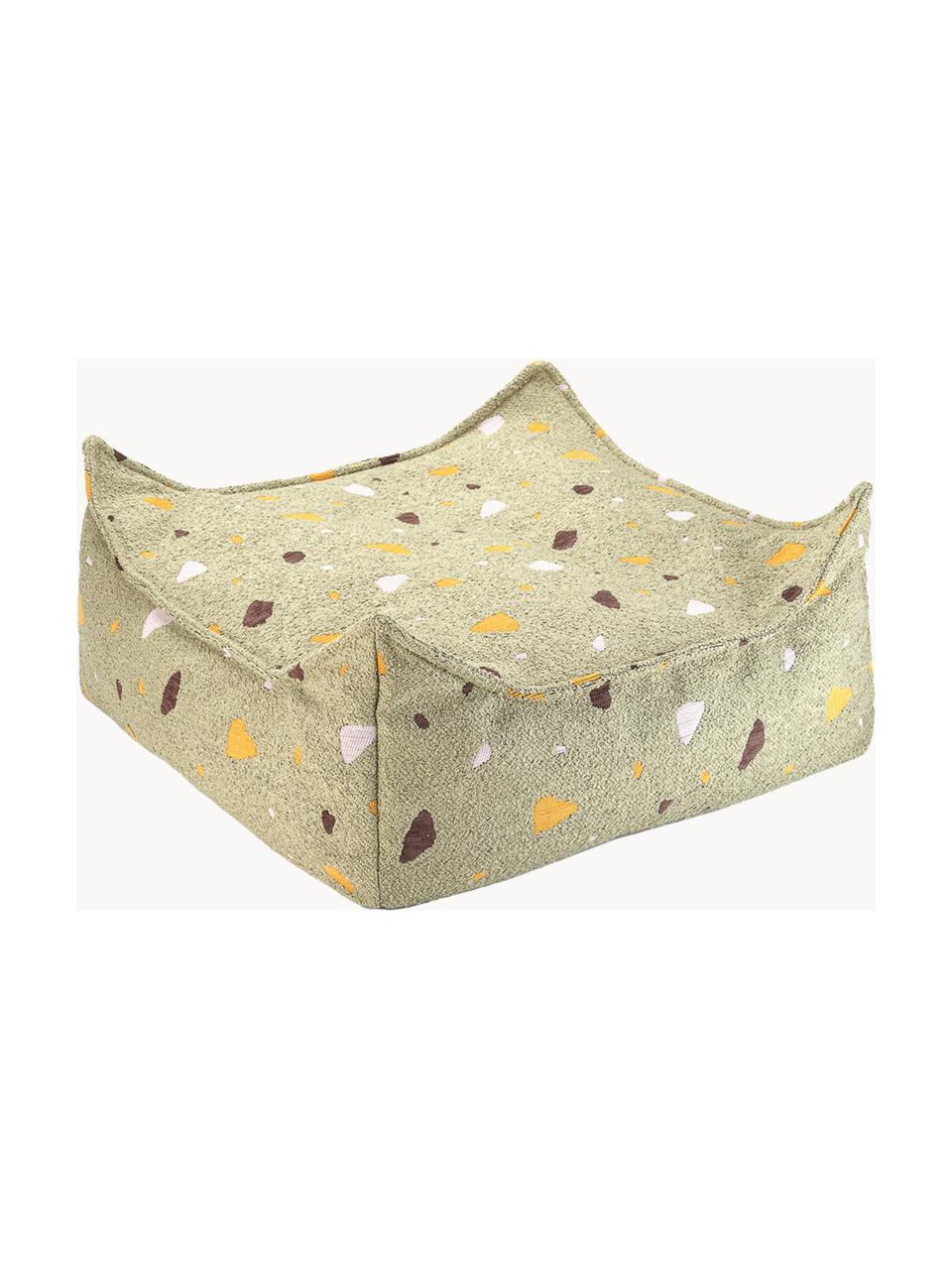 Coussin de sol en bouclette pour enfants fait main Sugar, Bouclette vert olive, aspect terrazzo, larg. 60 x haut. 60 cm