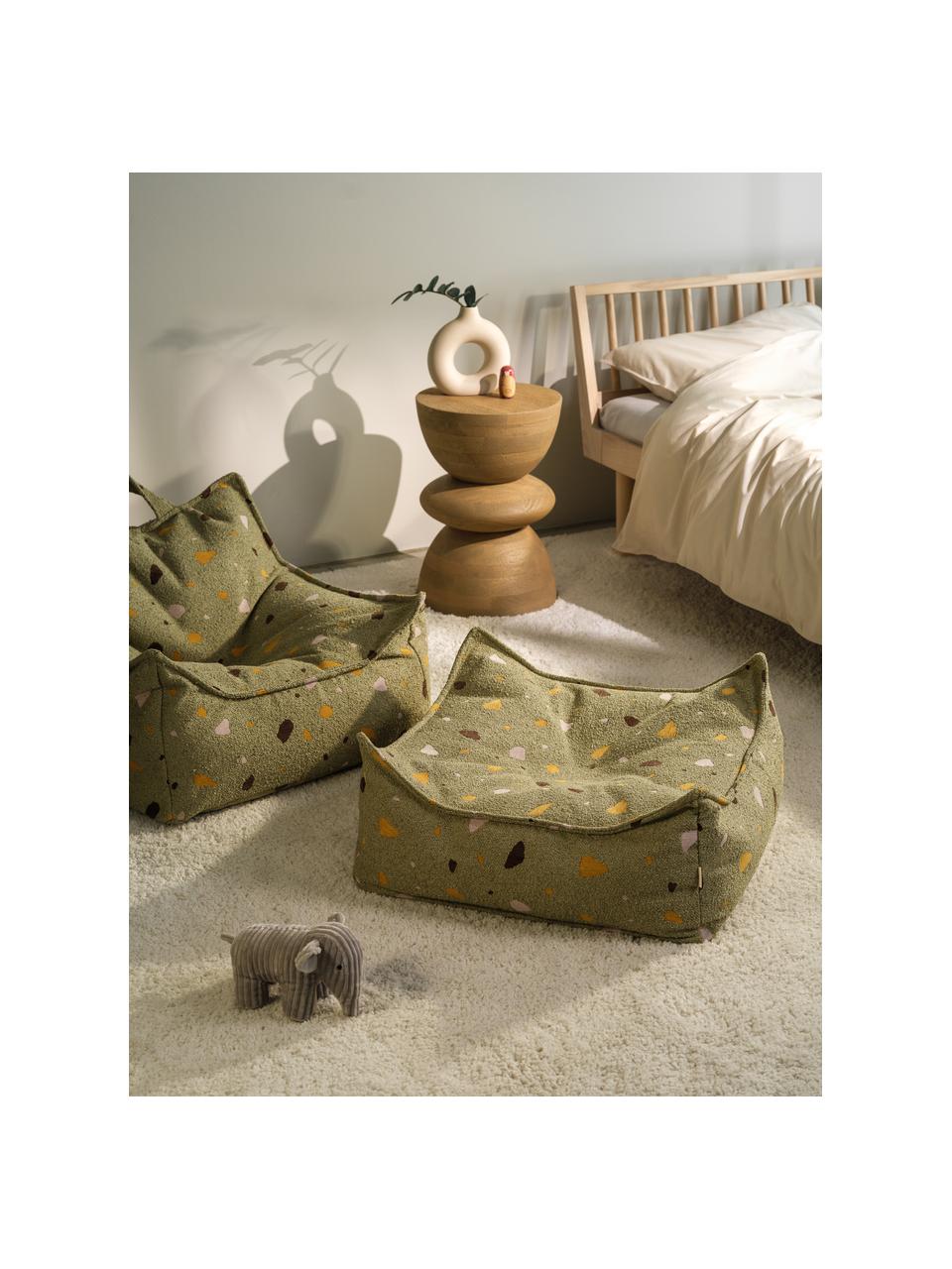 Coussin de sol en bouclette pour enfants fait main Sugar, Bouclette vert olive, aspect terrazzo, larg. 60 x haut. 60 cm