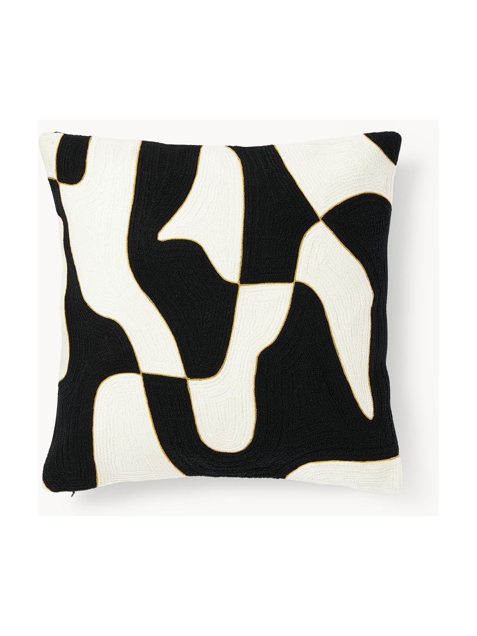 Kussenhoes Kobe met abstract patroon, Gebroken wit, zwart, mosterdgeel, B 50 x L 50 cm