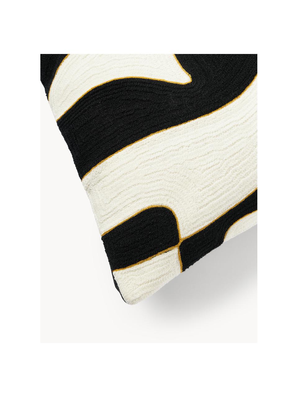 Housse de coussin 50x50 avec motif abstrait Kobe, Blanc cassé, noir, jaune moutarde, larg. 50 x long. 50