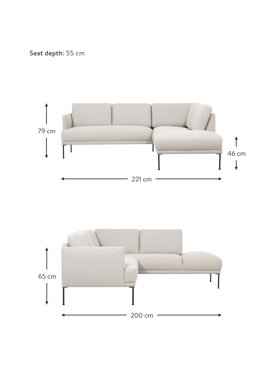 Sofa narożna Fluente, Tapicerka: 80% poliester, 20% ramia , Stelaż: lite drewno sosnowe z cer, Nogi: metal malowany proszkowo, Jasnobeżowa tkanina, S 221 x G 200 cm, lewostronna