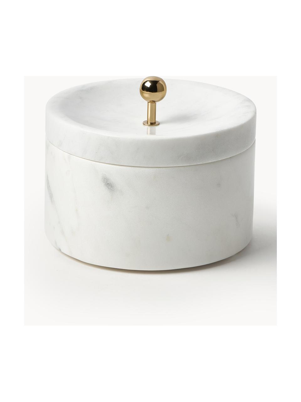 Marmeren sieradendoosje Selina met deksel, Marmer, metaal, Wit, gemarmerd, goudkleurig, Ø 15 x H 11 cm