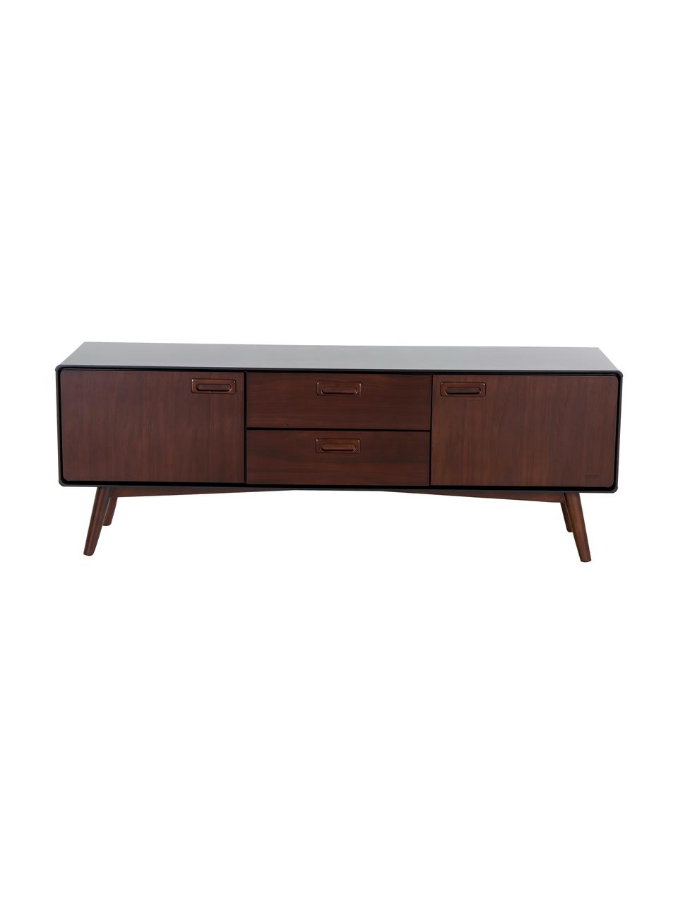 Credenza bassa retrò con finitura in noce Juju, Piedini: legno massello di frassin, Marrone, nero, Larg. 150 x Alt. 53 cm