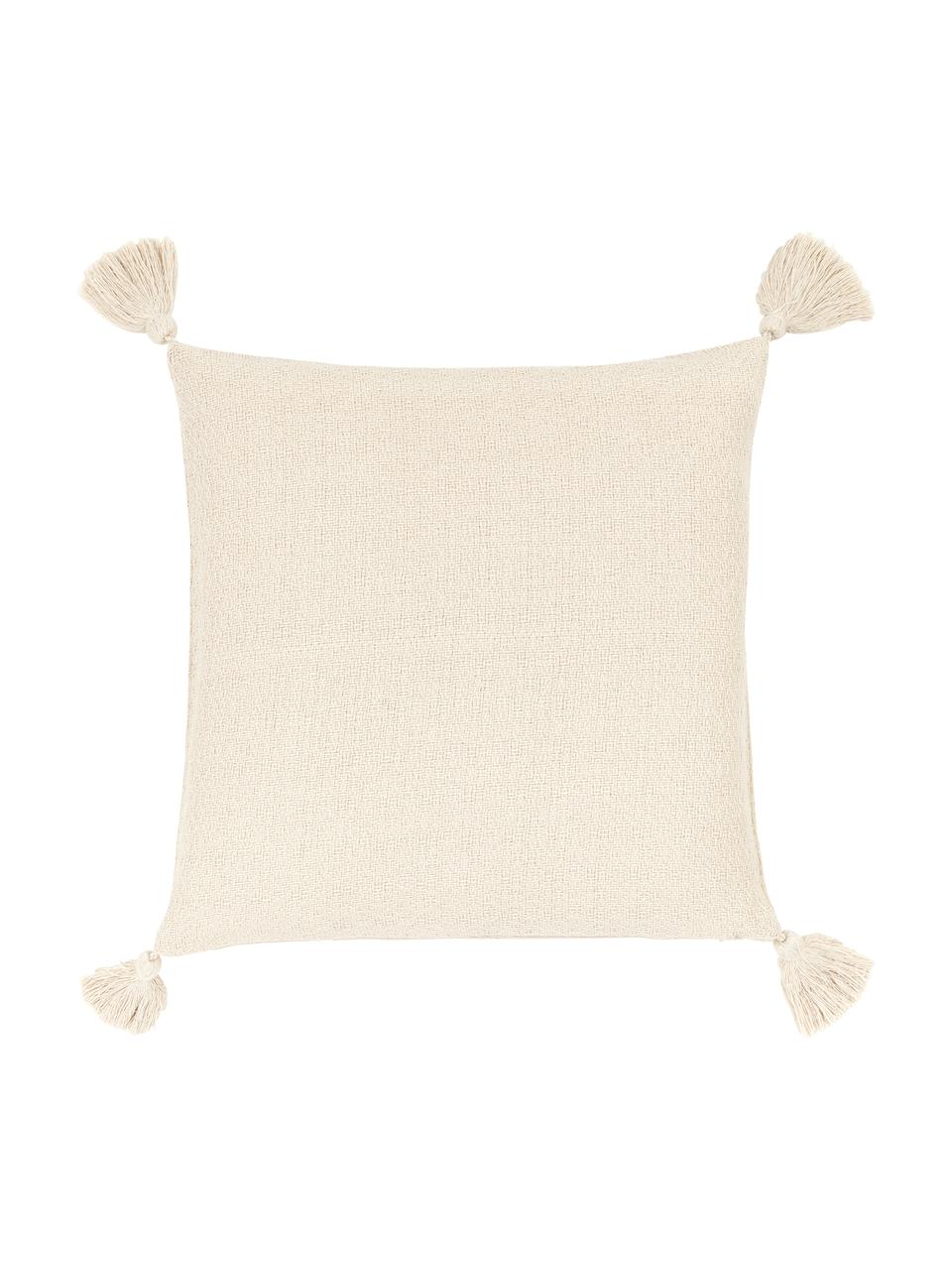 Housse de coussin 40x40 beige à houppes décoratives Lori, 100 % coton, Beige, larg. 40 x long. 40 cm