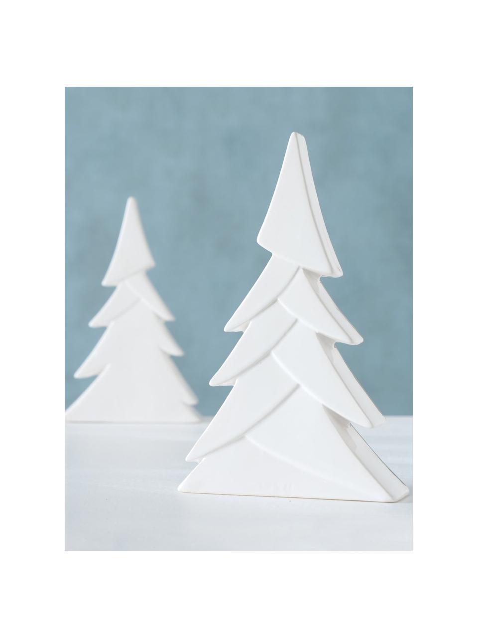 Handgefertigtes Deko-Weihnachtsbäume-Set Jade, 2-tlg., Steingut, Weiß, 12 x H 19 cm