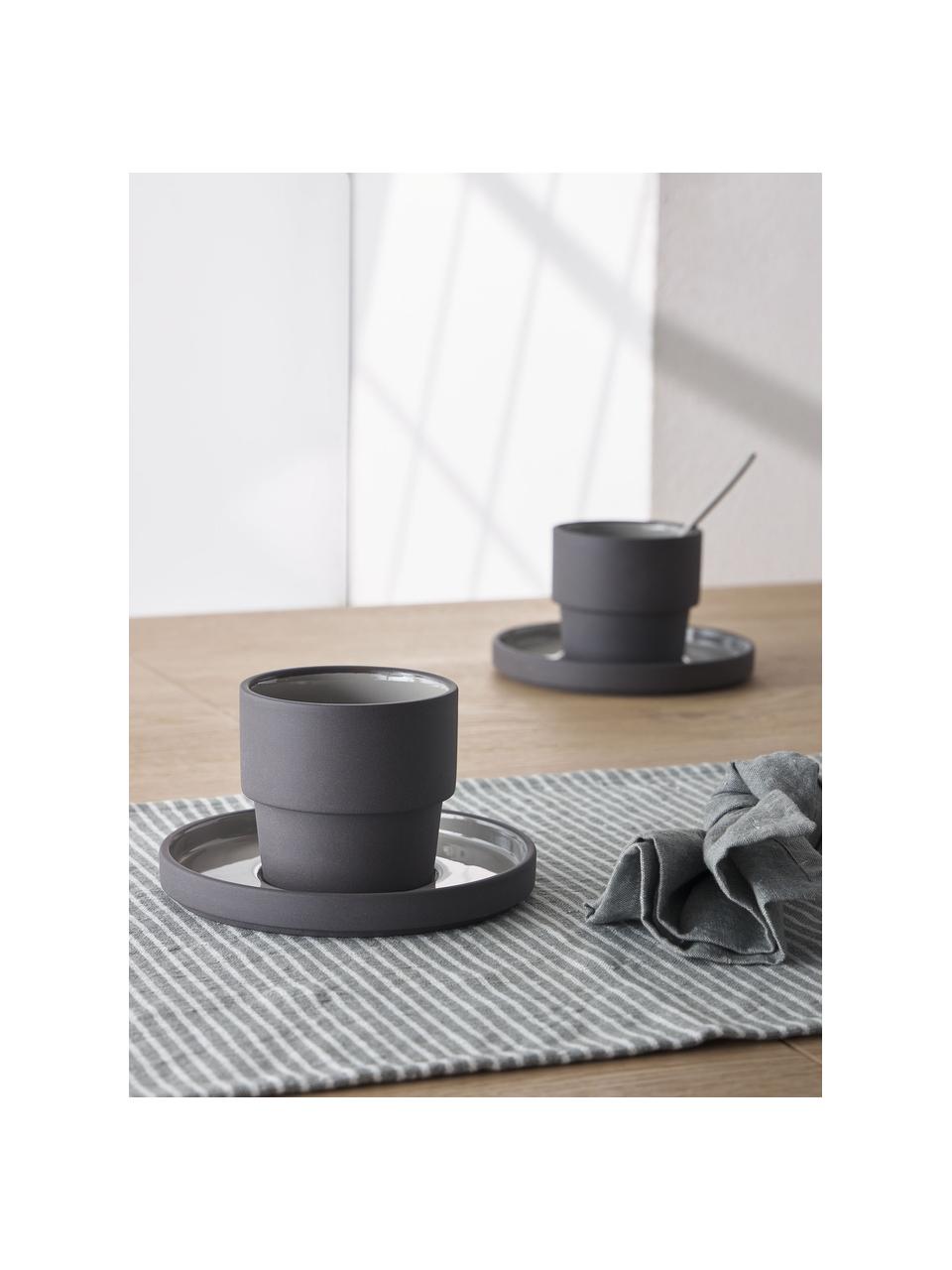Kaffeetassen mit Untertassen Thianela aus Porzellan in Grau, 4 Stück, Porzellan, Grautöne, Ø 8 x H 8 cm, 200 ml